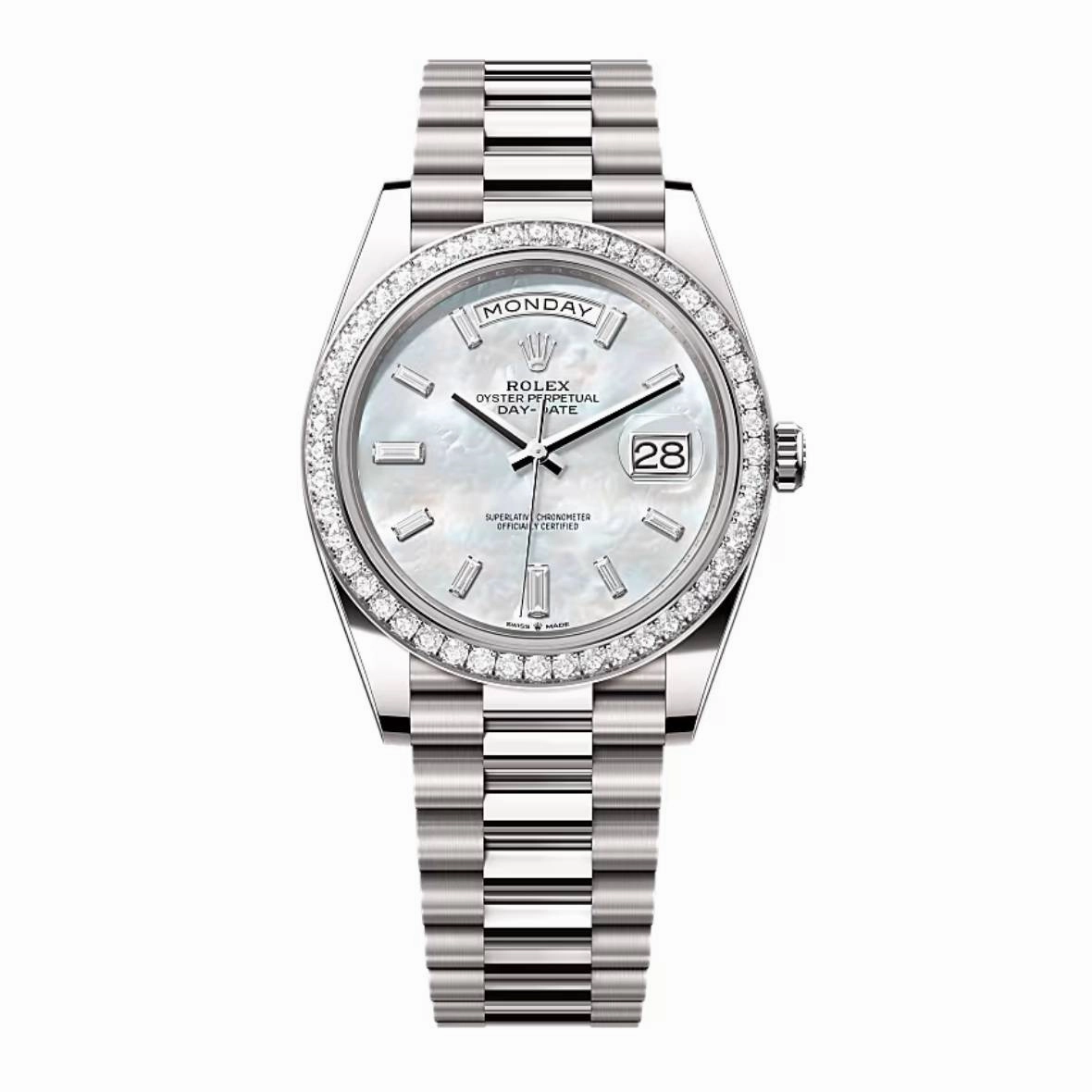 Introducing the 2024 Rolex Day-Date 40mm Ref: 228349rbr-0046 in 18k white gold presidential bracelet, white mother of pearl diamond dial. View it now!