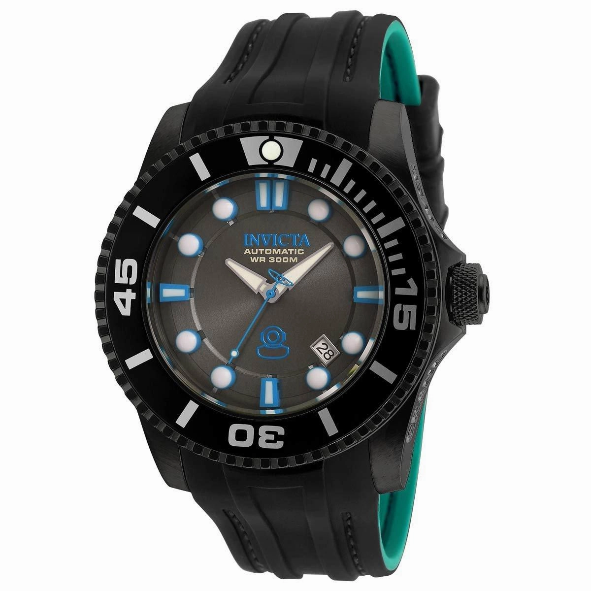 Invicta 20207 Men's Grand Diver Charcoal Dial Black & Teal Silicone Strap Automatic Dive Watch