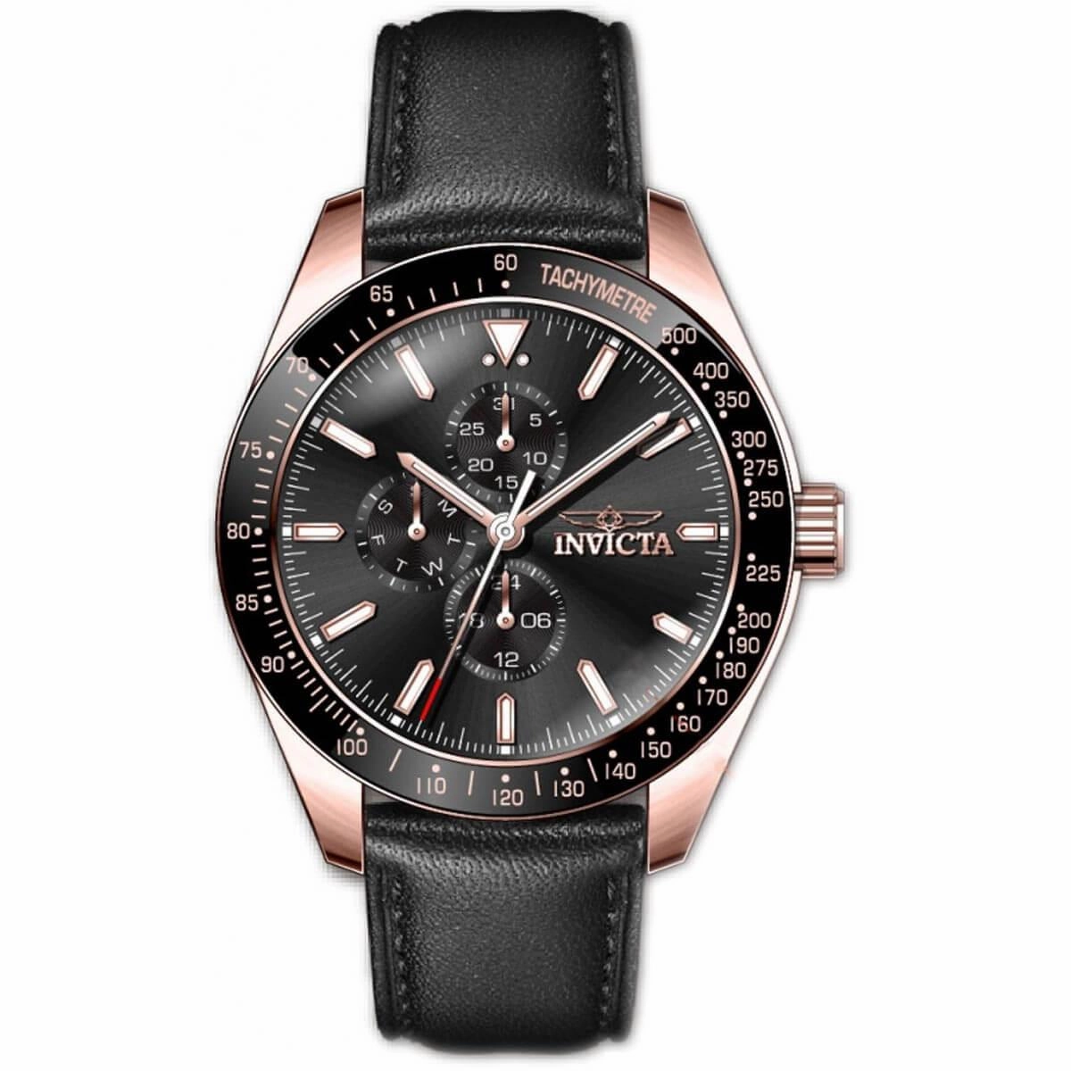 Invicta Men's Chrono Watch - Aviator Rose Gold Tone Case Black Leather Strap | 38981