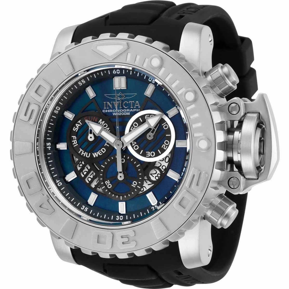 Invicta Men's Chronograph Watch - Sea Hunter Black and Blue Dial Rubber Strap | 32637