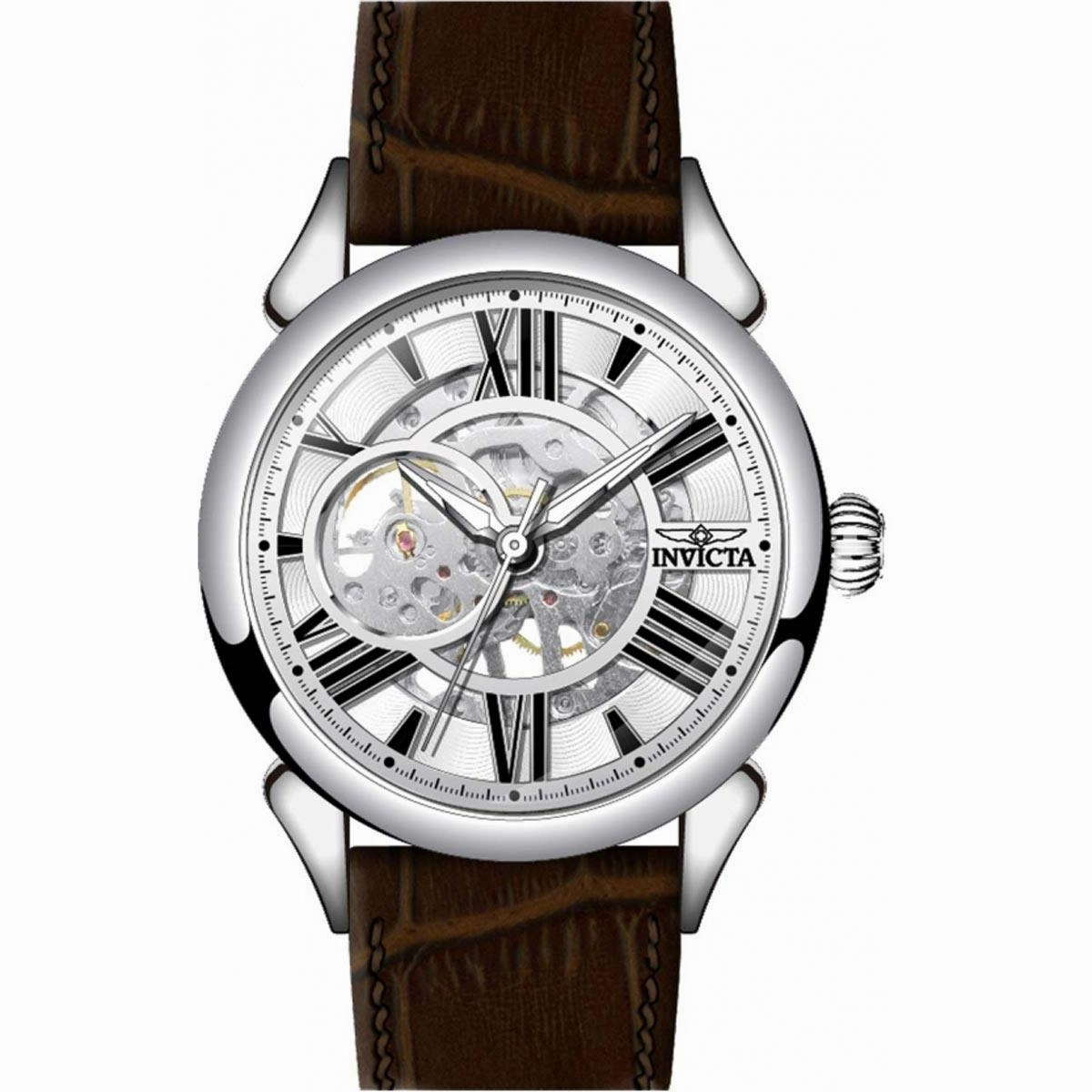 Invicta Men's Watch - Vintage Silver Tone Semi Skeleton Dial Leather Strap | 38160
