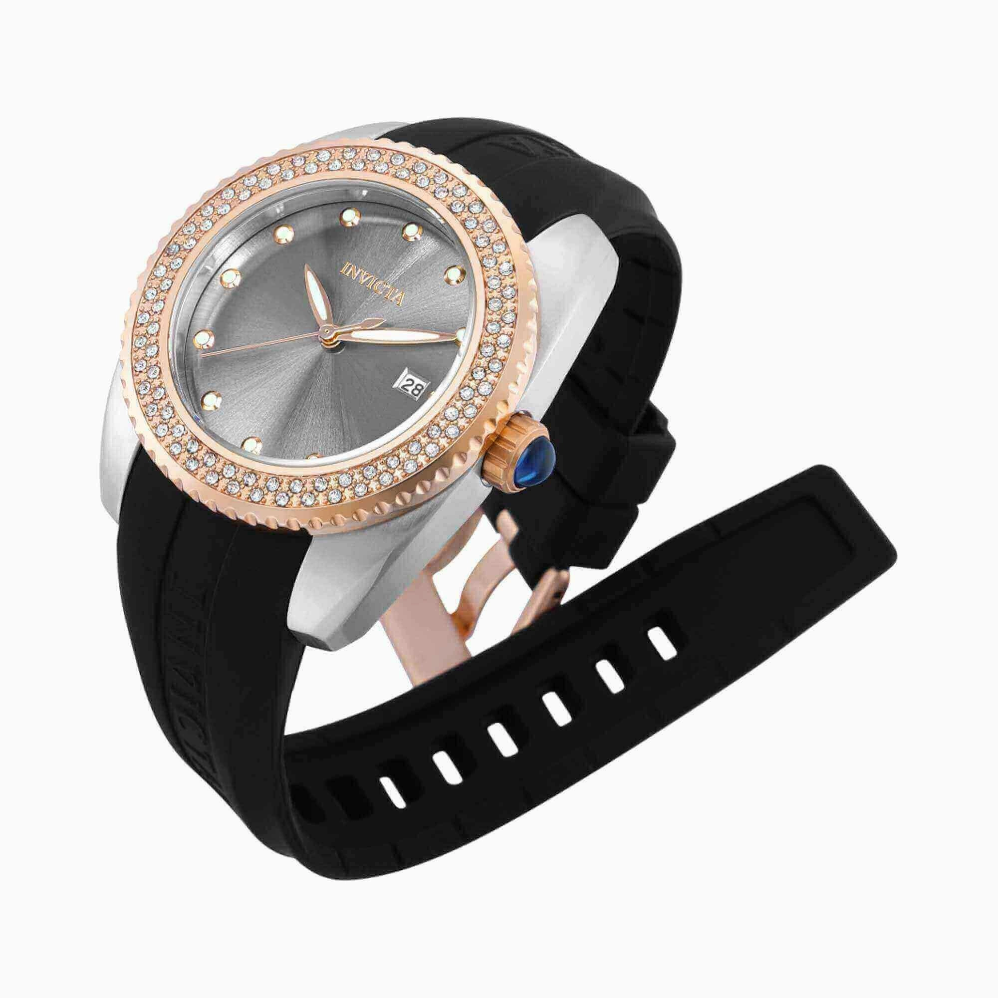 Invicta Women's Quartz Watch - Angel Crystal Bezel Two Tone Case Black Strap | 36066