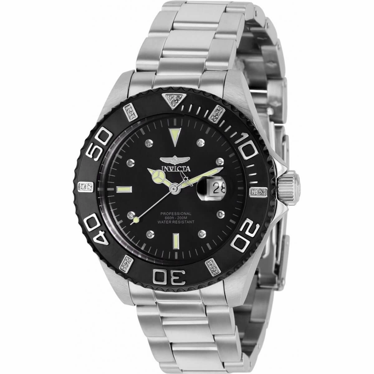 Invicta Women's Swiss Quartz Watch - Pro Diver Black Dial Silver Bracelet | 37019