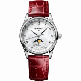 Longines Women's Watch - Master Diamond White MOP Dial Red Leather Strap | L24094872