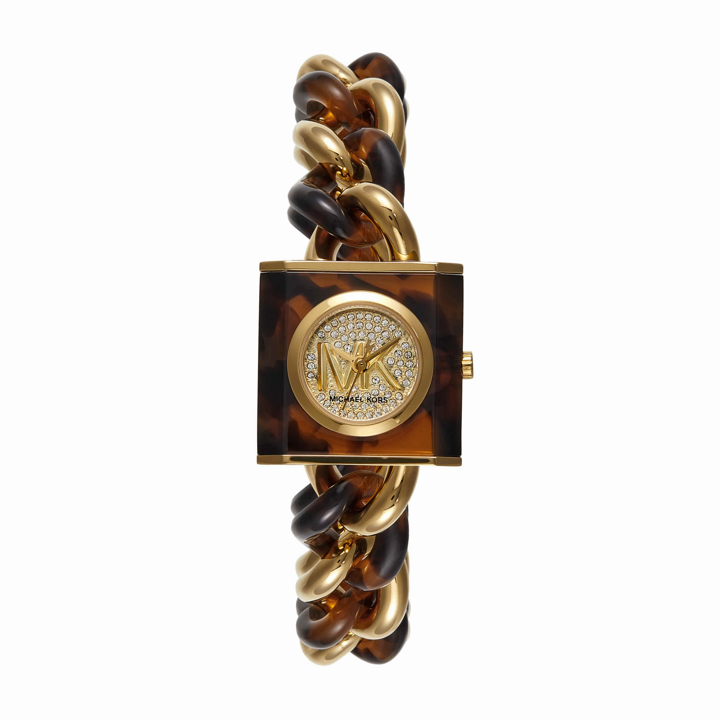 Michael Kors MK Chain Lock Three-Hand Tortoise and Gold-Tone Stainless Steel Watch MK4808
