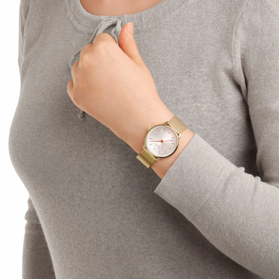 Mondaine Doppio White Dial Gold Mesh Bracelet Watch MLE.33111.SM