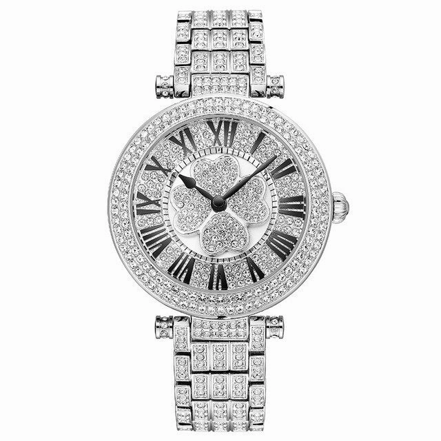 Princess Butterfly Women Luxury Brand Watches Four-leaf Clover Wristwatch Crystal Silver Rotatable Reloj Mujer Quartz Waterproof