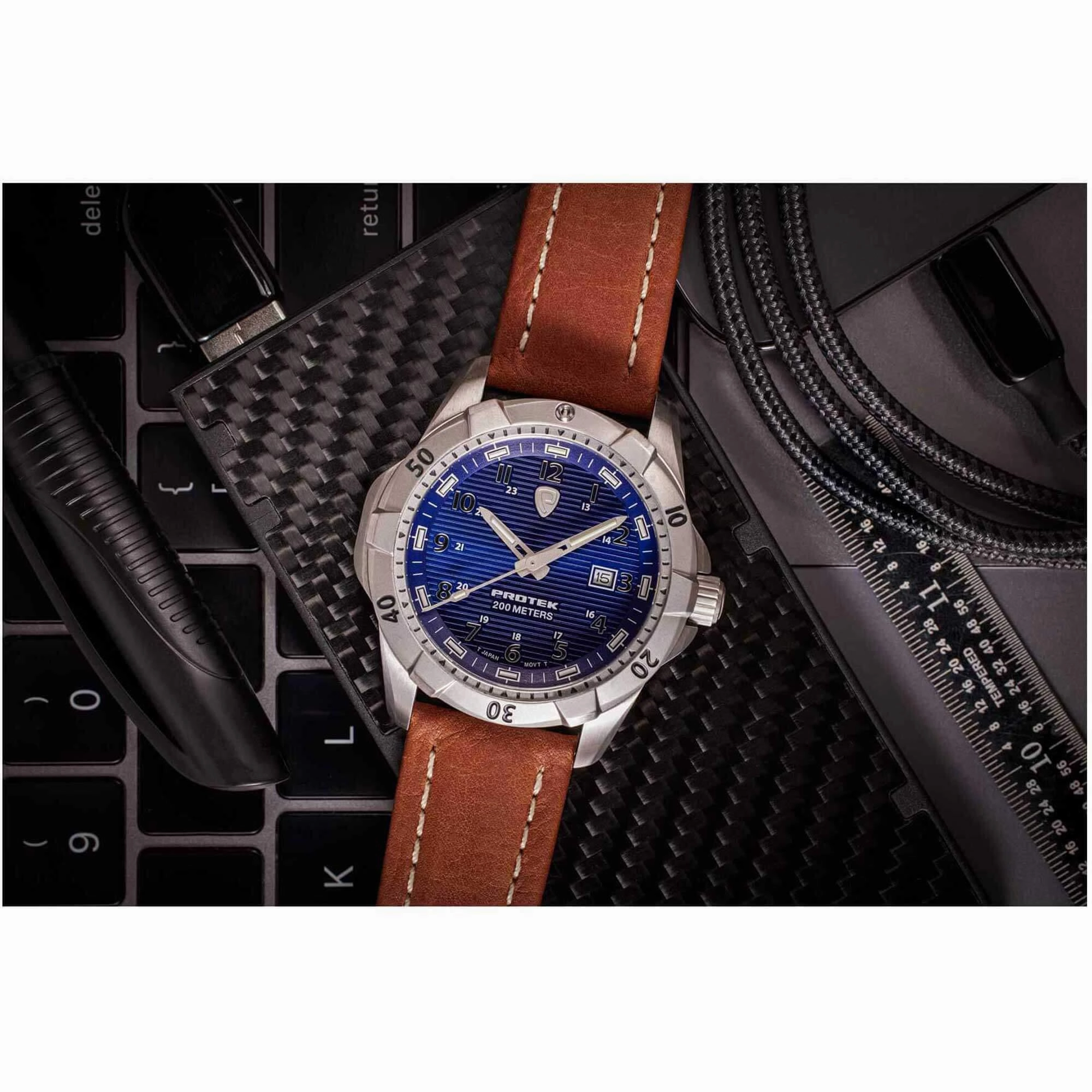 Protek Unisex Watch - Dive Series Rotating Bezel Genuine Brown Leather Strap | 2003