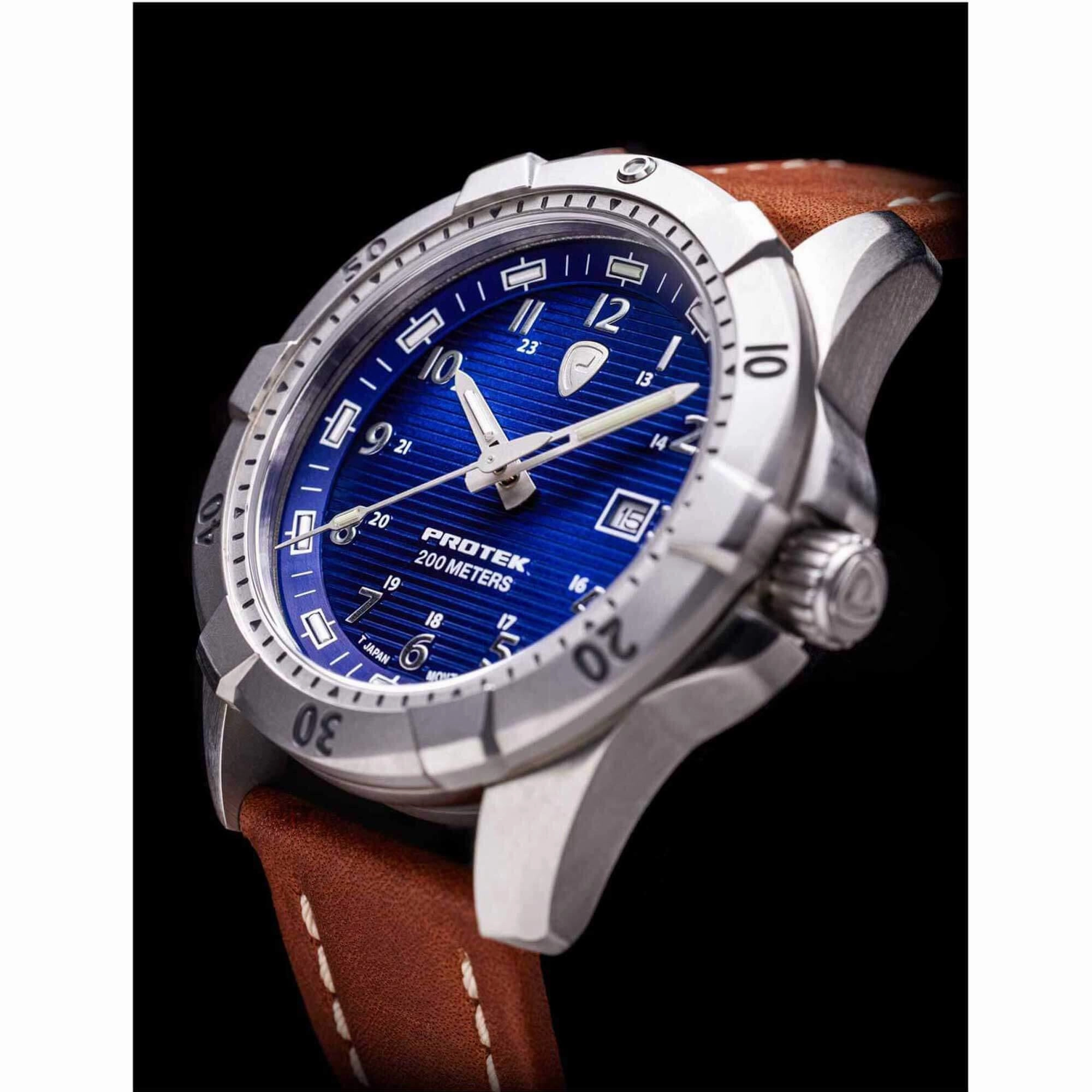 Protek Unisex Watch - Dive Series Rotating Bezel Genuine Brown Leather Strap | 2003
