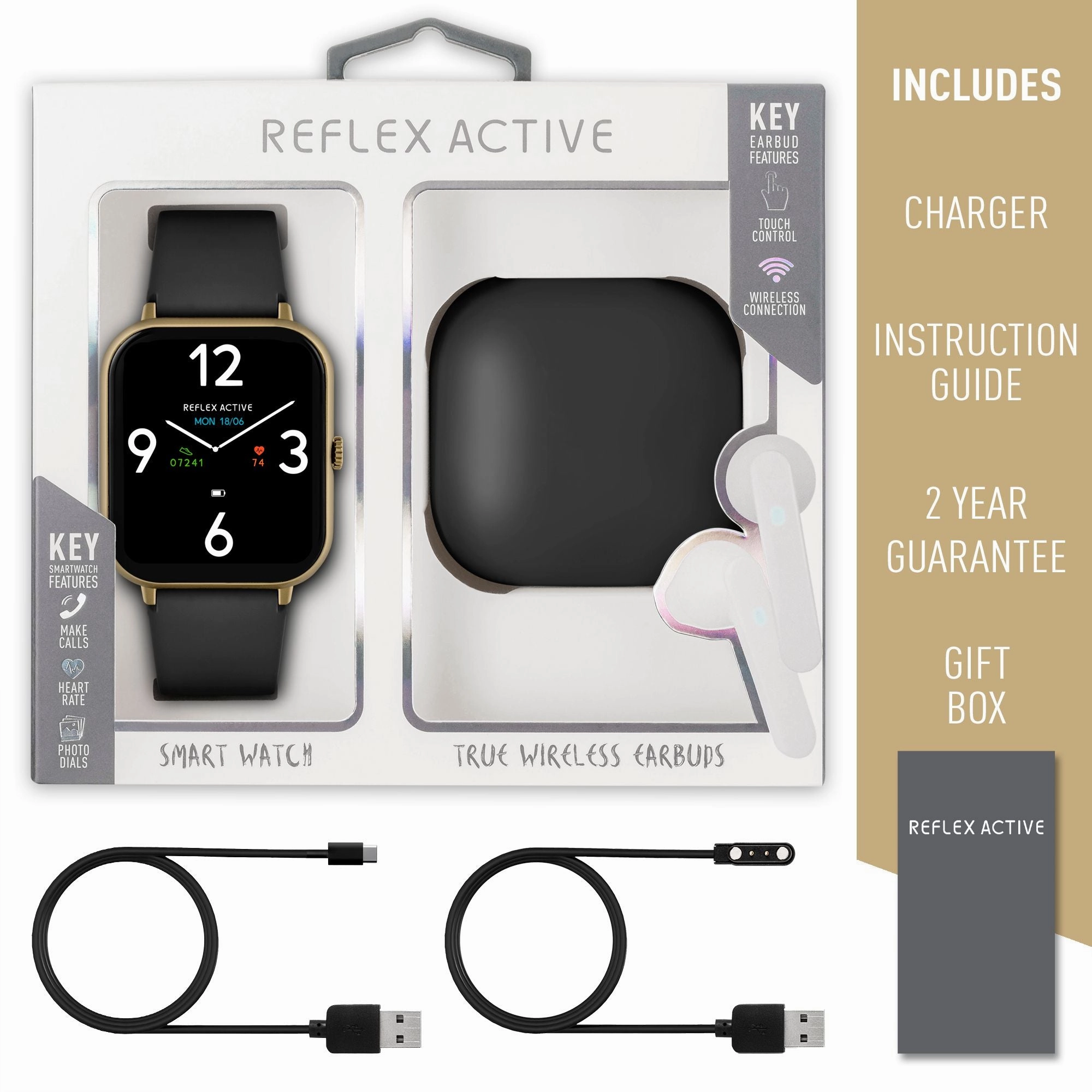 Reflex Active Series 23 Gold Case & Black Silicone Strap Ear Buds Bundle Watch RA23-2168-TWS