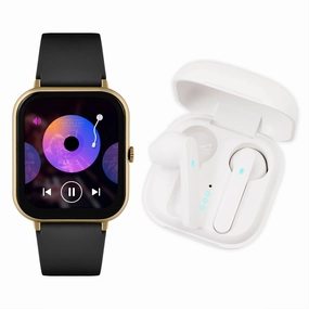 Reflex Active Series 23 Gold Case & Black Silicone Strap Ear Buds Bundle Watch RA23-2168-TWS