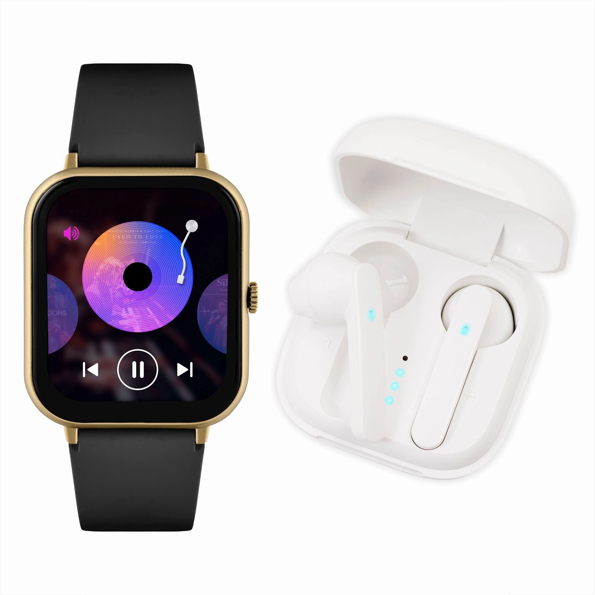 Reflex Active Series 23 Gold Case & Black Silicone Strap Ear Buds Bundle Watch RA23-2168-TWS