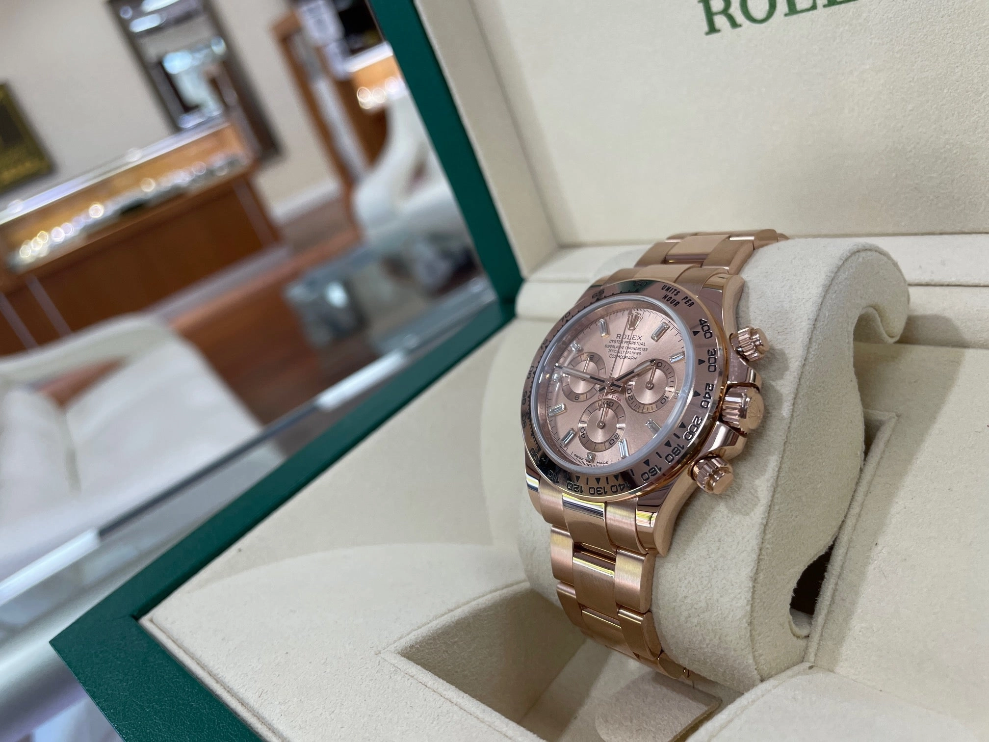 Rolex Cosmograph Daytona 40mm 116505 Factory Everose Gold Sundust Baguette Dial Box and Papers