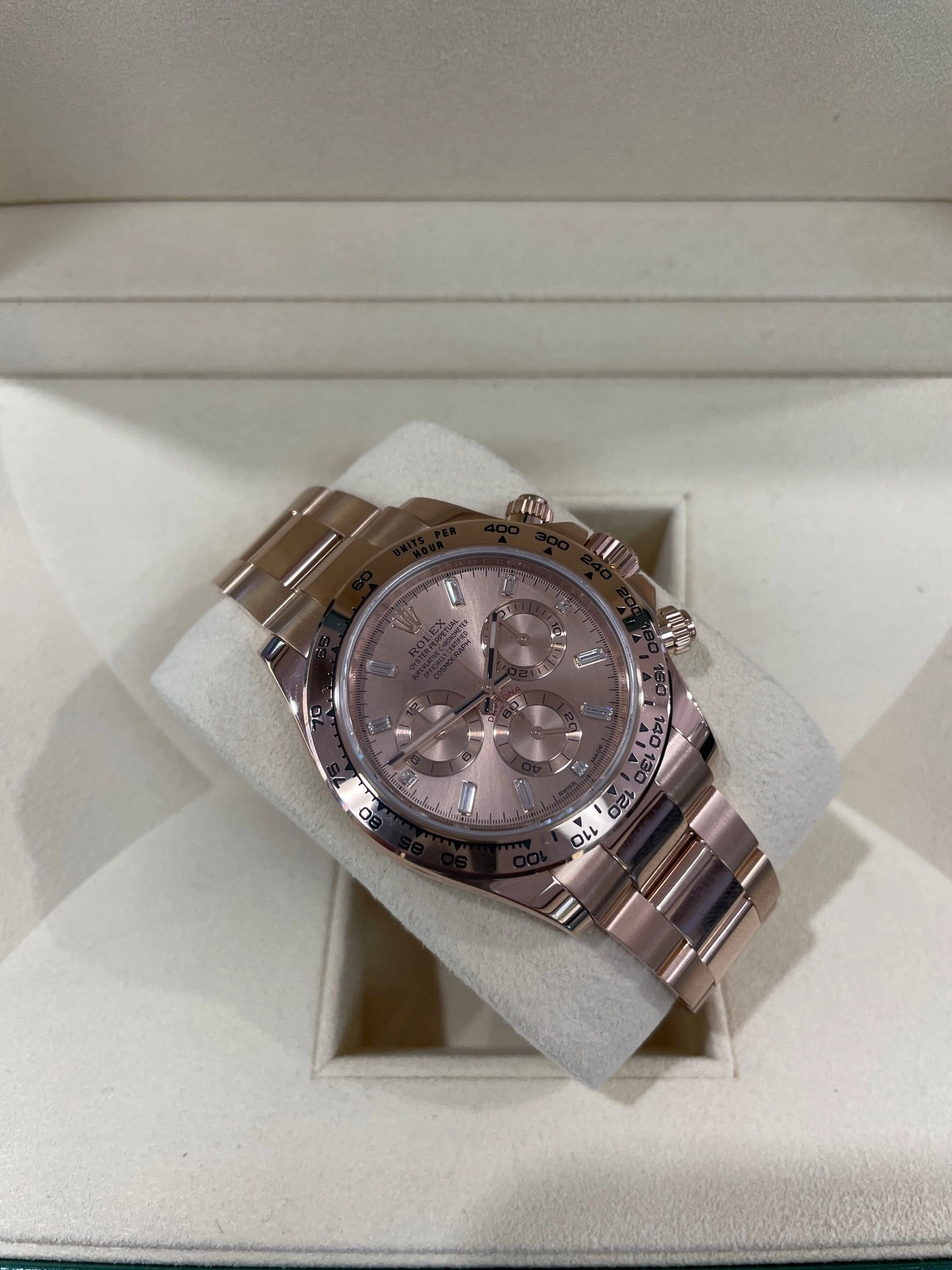 Rolex Cosmograph Daytona 40mm 116505 Factory Everose Gold Sundust Baguette Dial Box and Papers