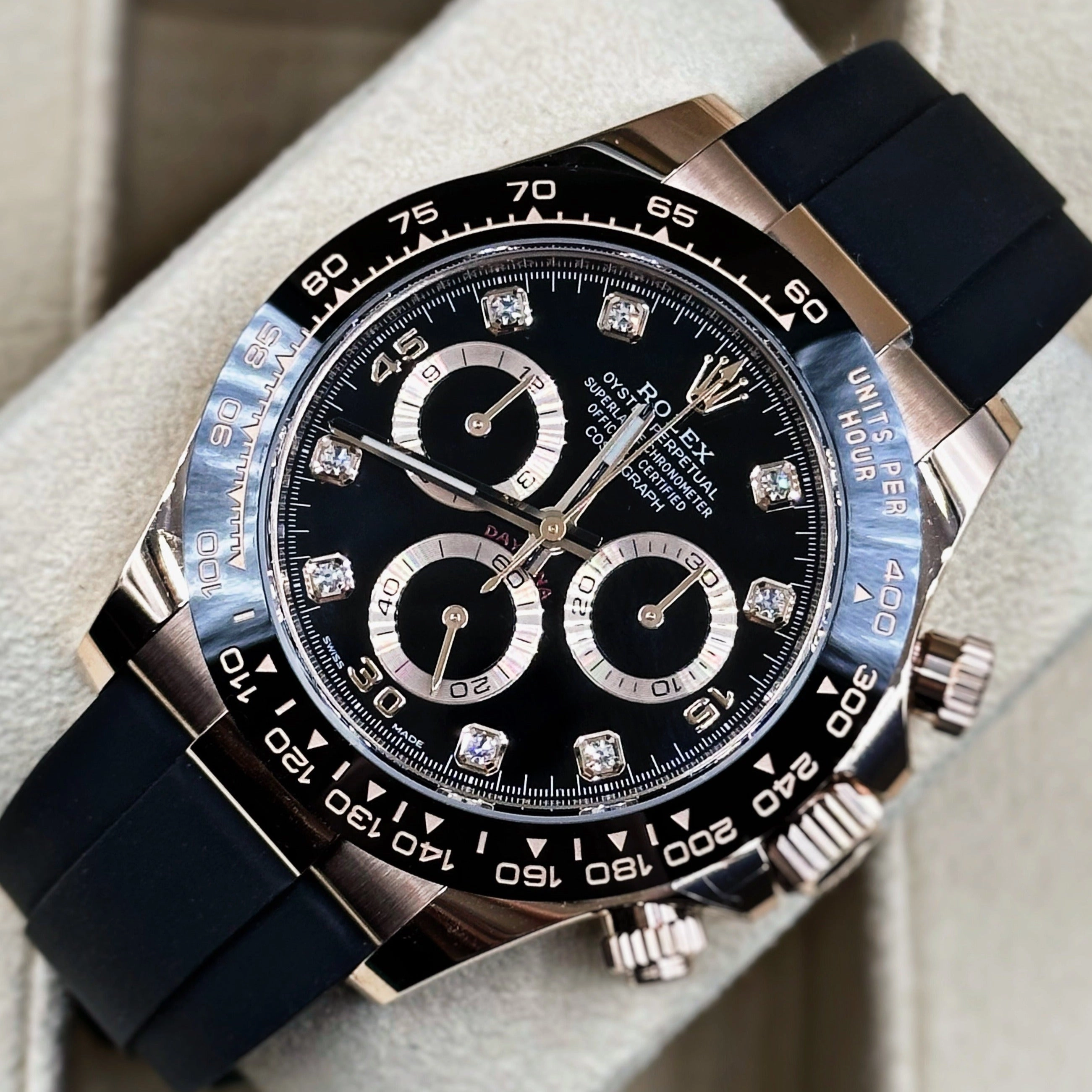 Rolex Cosmograph Daytona 40mm - Ref: 116515ln-0057 - Black Diamond Dial & Ceramic Bezel, 18K Rose Gold Case Black Oysterflex Bracelet Men's Watch