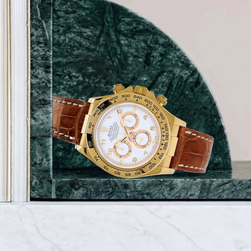 Rolex Cosmograph Daytona 40mm - Ref: 116518 wd - White Arabic Numerals Dial, 18K Yellow Gold & Brown Leather Strap Men's Watch