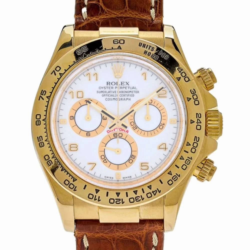 Rolex Cosmograph Daytona 40mm - Ref: 116518 wd - White Arabic Numerals Dial, 18K Yellow Gold & Brown Leather Strap Men's Watch