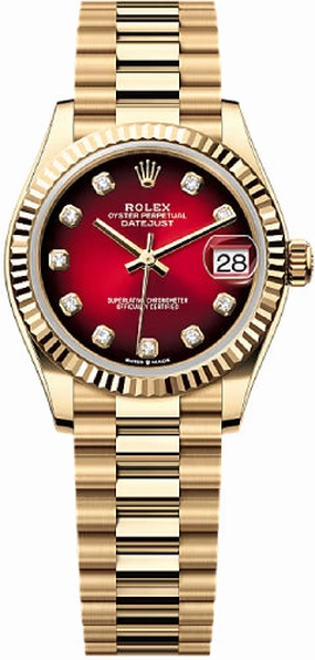 Rolex Datejust 31 Yellow Gold Red Ombr Diamond Set Dial Fluted Bezel President Bracelet - 278278 - 2025