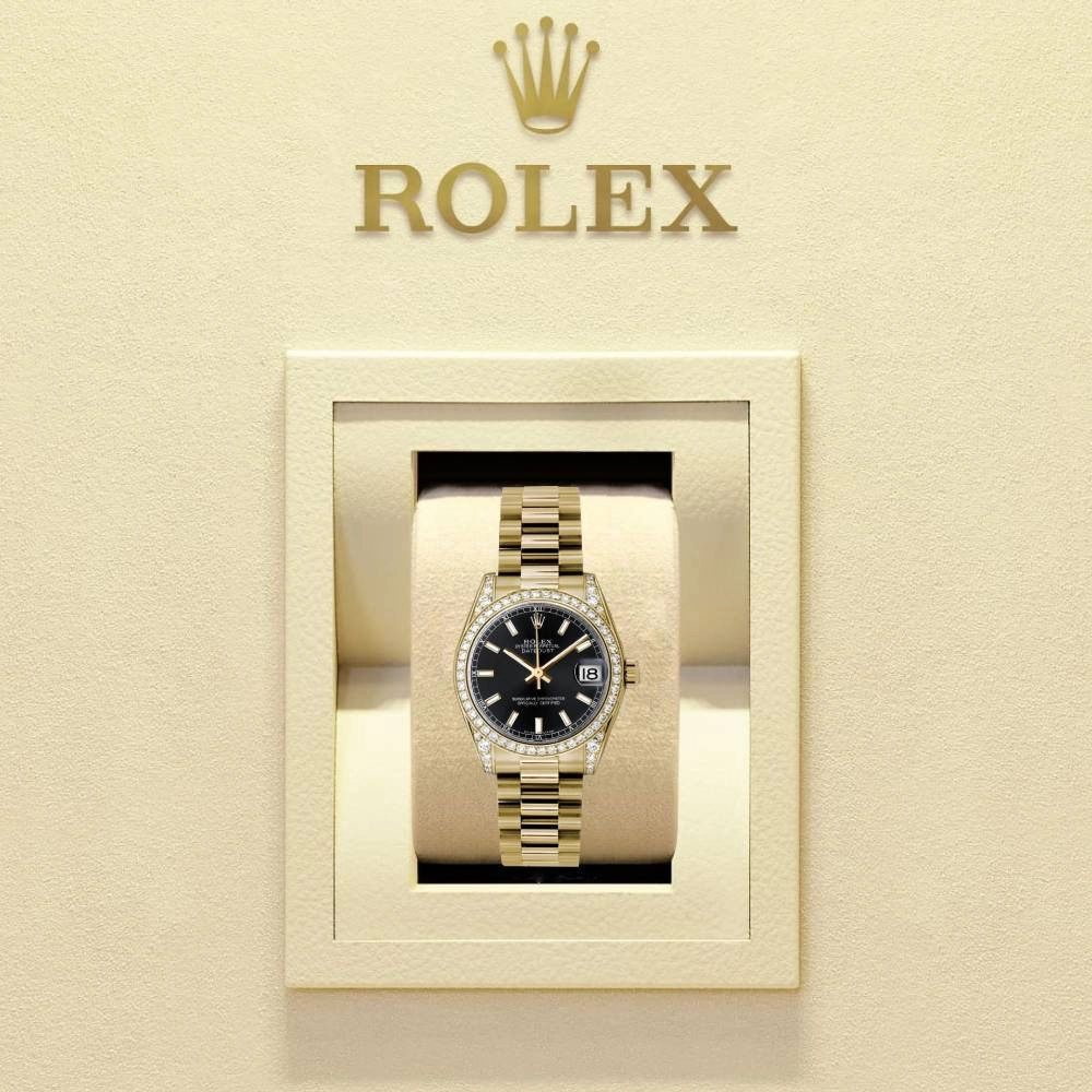 Rolex Datejust 31mm - Ref: 178158 bkip - Black Dial & Diamond Bezel, 18K Yellow Gold President Bracelet Women's Watch