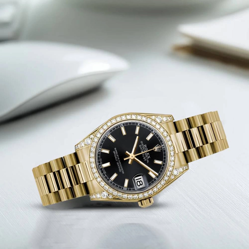 Rolex Datejust 31mm - Ref: 178158 bkip - Black Dial & Diamond Bezel, 18K Yellow Gold President Bracelet Women's Watch