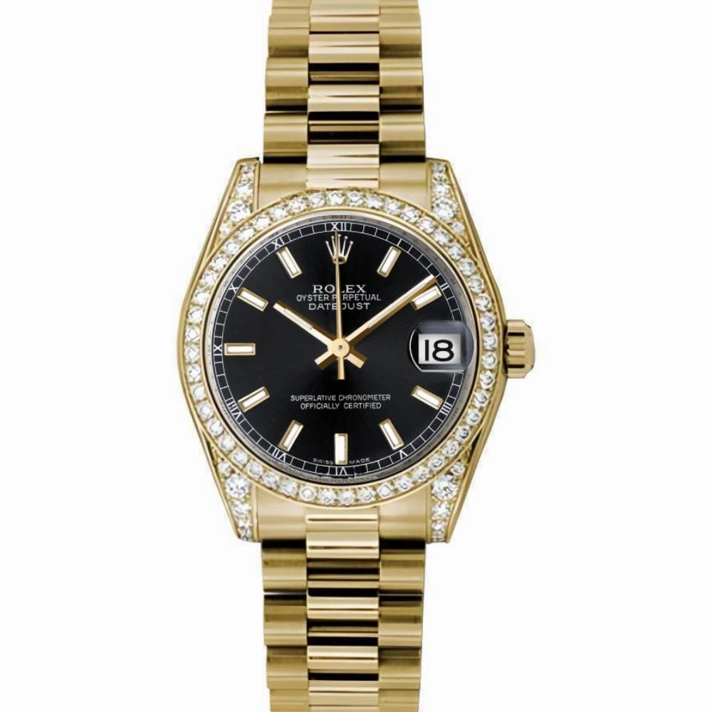 Rolex Datejust 31mm - Ref: 178158 bkip - Black Dial & Diamond Bezel, 18K Yellow Gold President Bracelet Women's Watch