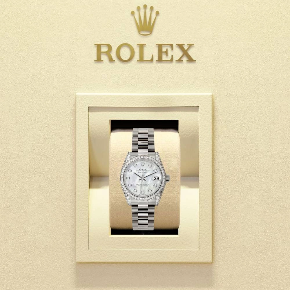 Rolex Datejust 31mm - Ref: 178159 mdp - White Mother of Pearl Diamond Dial & Diamond Bezel & Case, 18K White Gold Presidential Bracelet Women's Watch