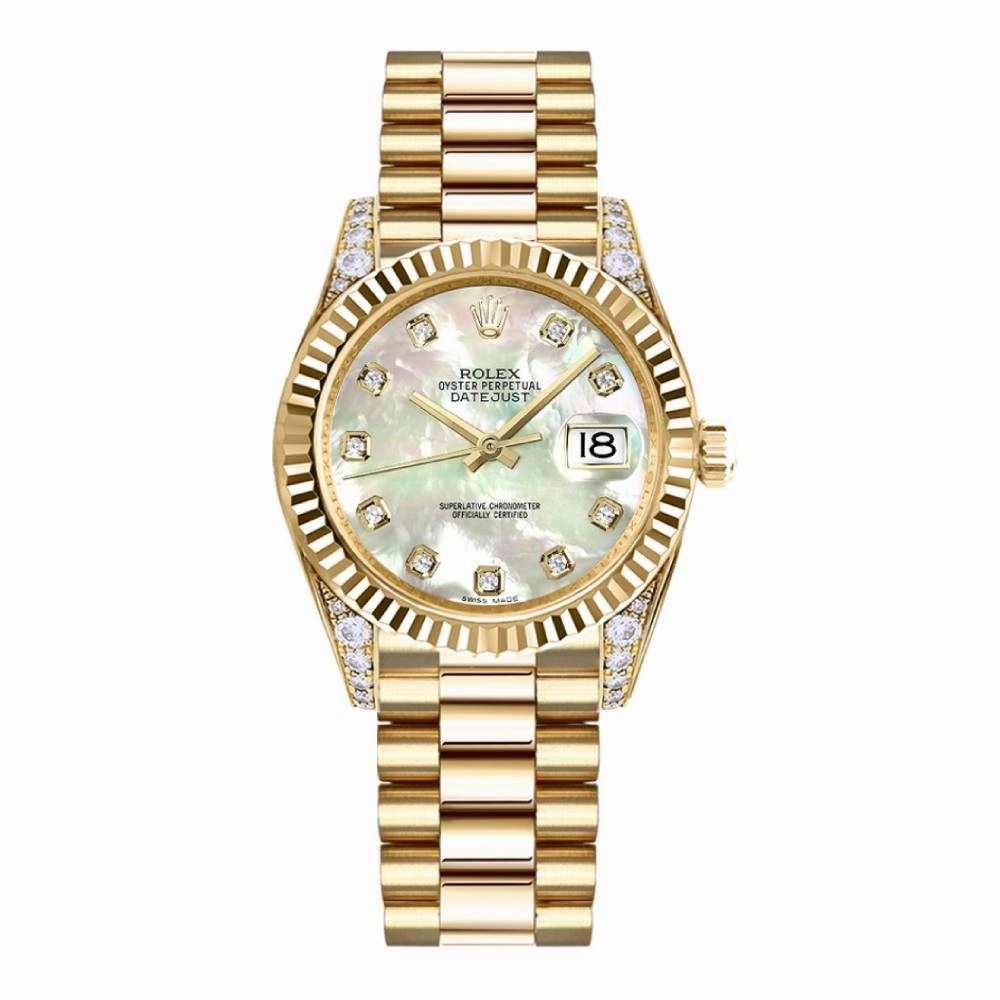 Rolex Datejust 31mm - Ref: 178238 mdp - White Mother of Pearl Dial, Diamond Case, 18K Yellow Gold President Bracelet Women's Watch