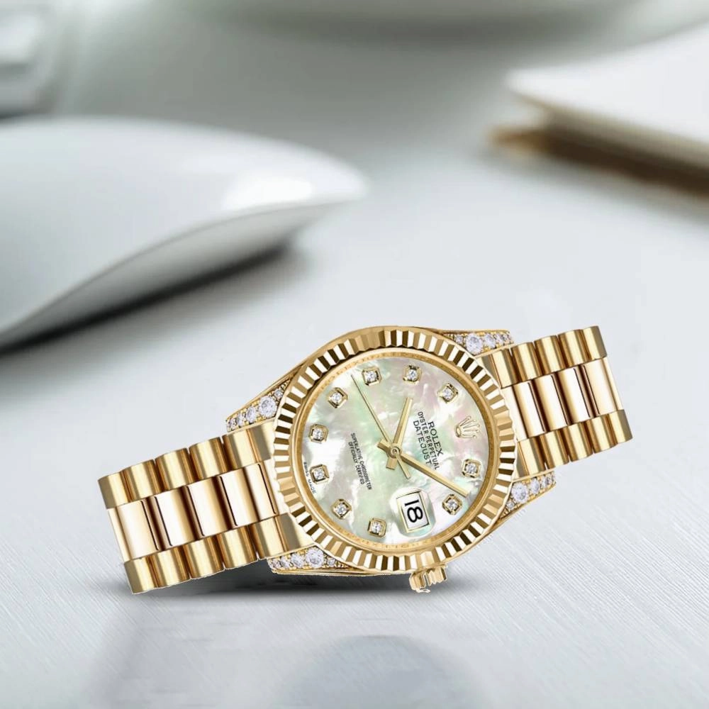 Rolex Datejust 31mm - Ref: 178238 mdp - White Mother of Pearl Dial, Diamond Case, 18K Yellow Gold President Bracelet Women's Watch
