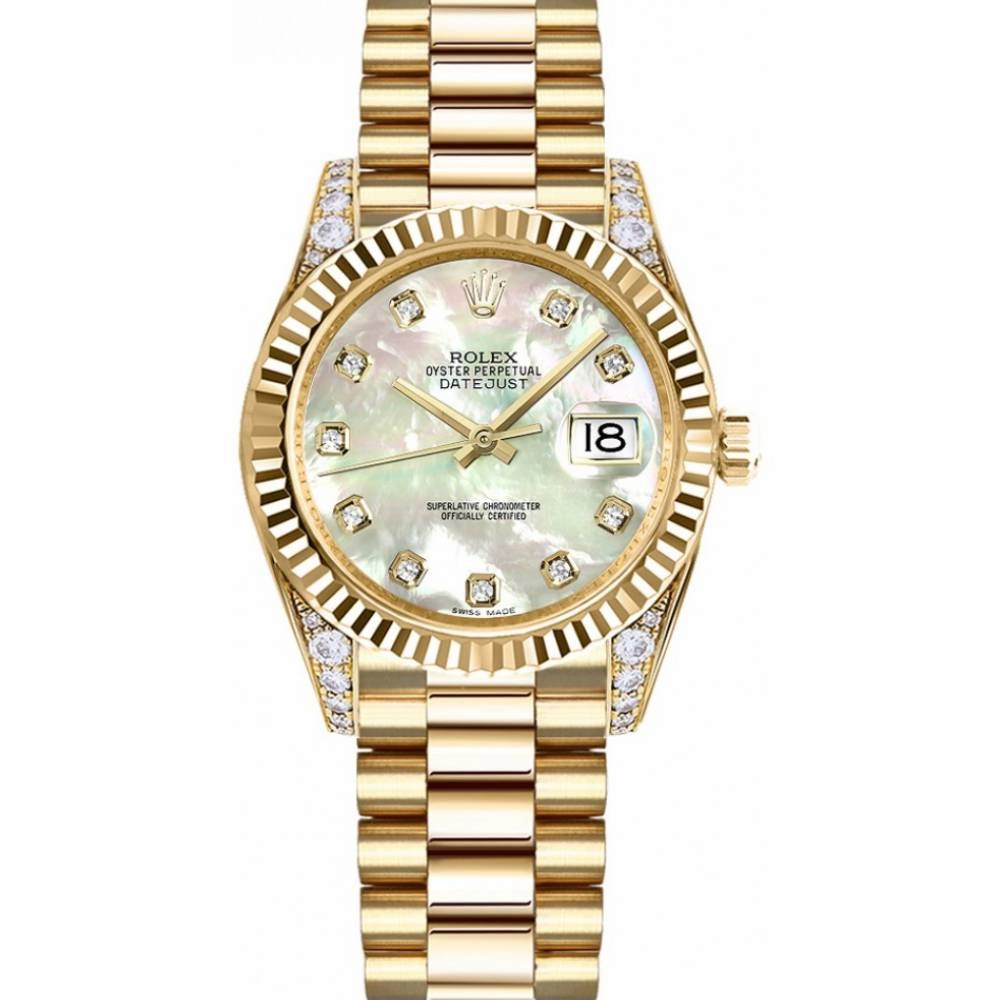 Rolex Datejust 31mm - Ref: 178238 mdp - White Mother of Pearl Dial, Diamond Case, 18K Yellow Gold President Bracelet Women's Watch