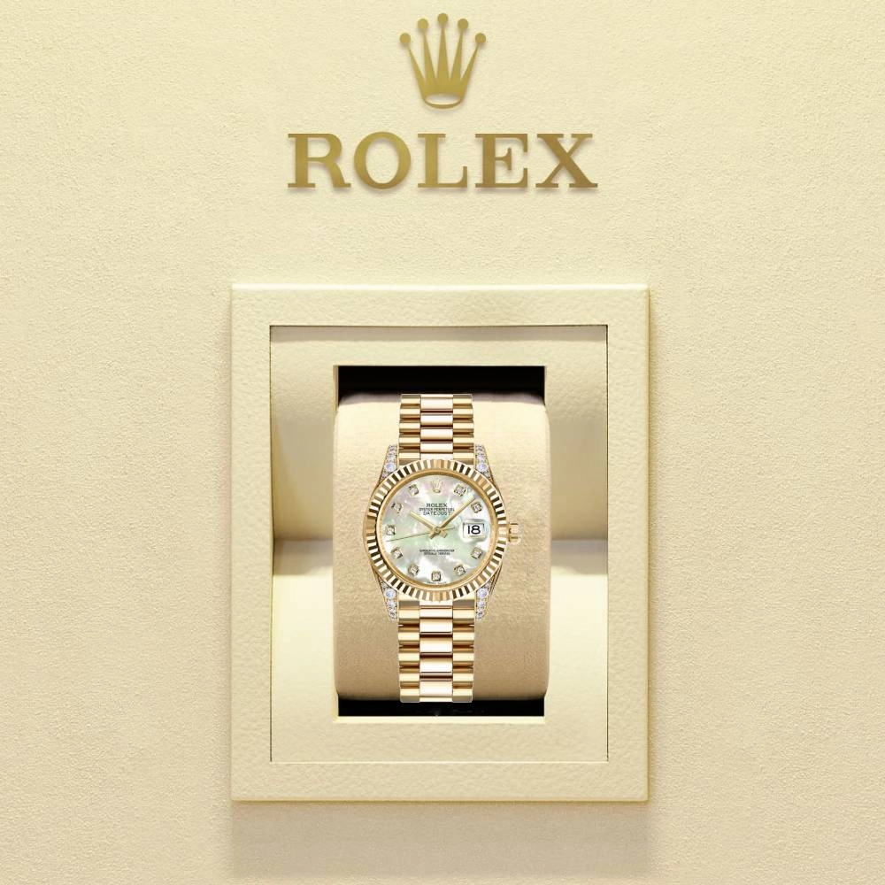 Rolex Datejust 31mm - Ref: 178238 mdp - White Mother of Pearl Dial, Diamond Case, 18K Yellow Gold President Bracelet Women's Watch