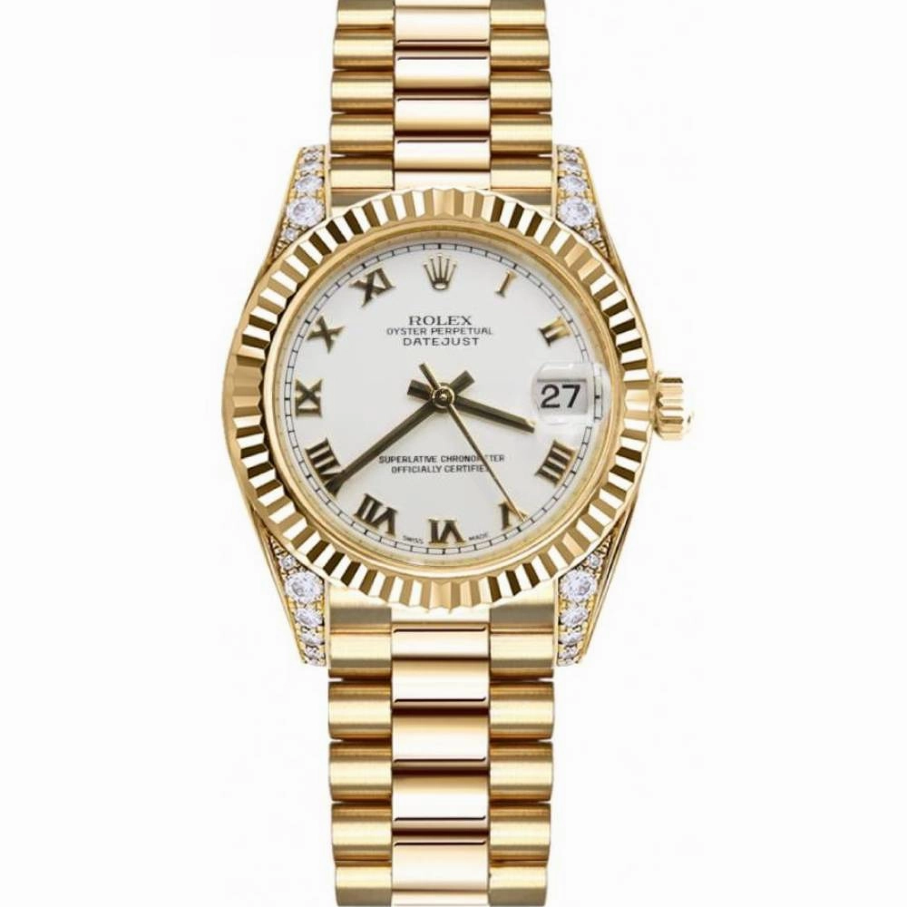 Rolex Datejust 31mm - Ref: 178238 wrp - White Roman Dial & Diamond Case, 18K Yellow Gold President Bracelet Women's Watch