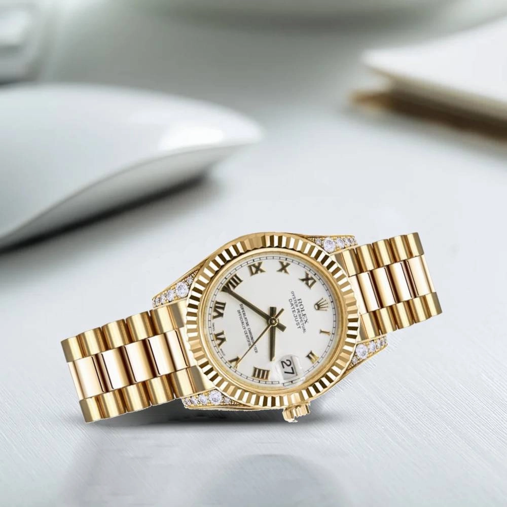 Rolex Datejust 31mm - Ref: 178238 wrp - White Roman Dial & Diamond Case, 18K Yellow Gold President Bracelet Women's Watch