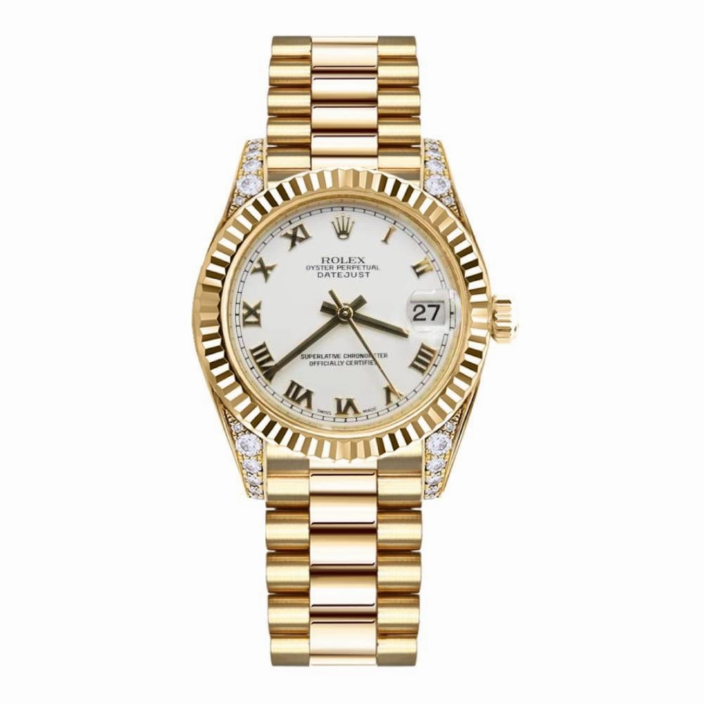 Rolex Datejust 31mm - Ref: 178238 wrp - White Roman Dial & Diamond Case, 18K Yellow Gold President Bracelet Women's Watch