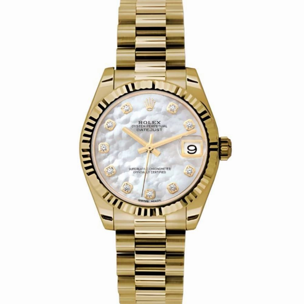 Rolex Datejust 31mm - Ref: 178278 mdp - White Mother of Pearl Dial, 18K Yellow Gold President Bracelet Women's Watch