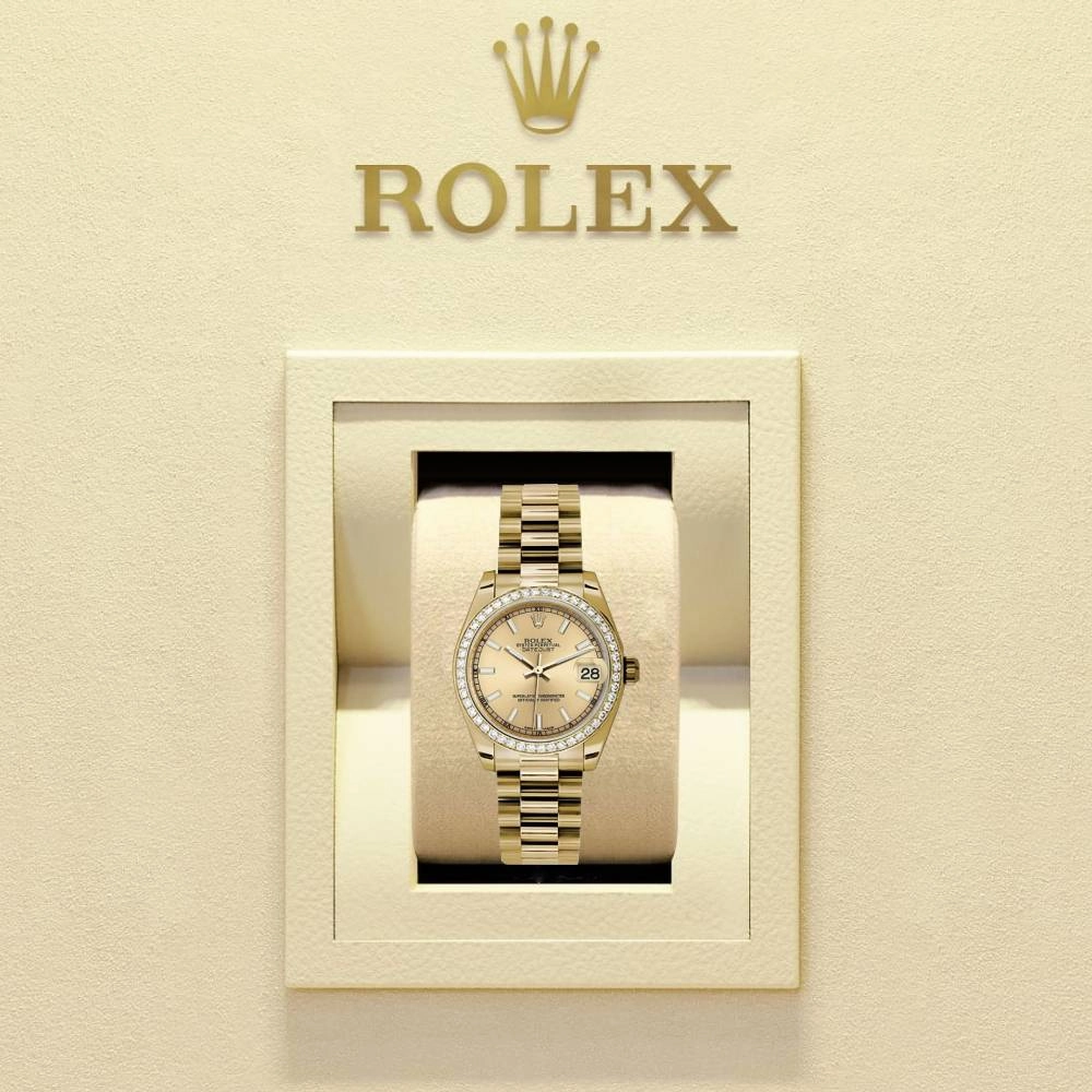 Rolex Datejust 31mm - Ref: 178288 chcap 2 - Champagne Dial & Diamond Bezel, 18K Yellow Gold President Bracelet Women's Watch