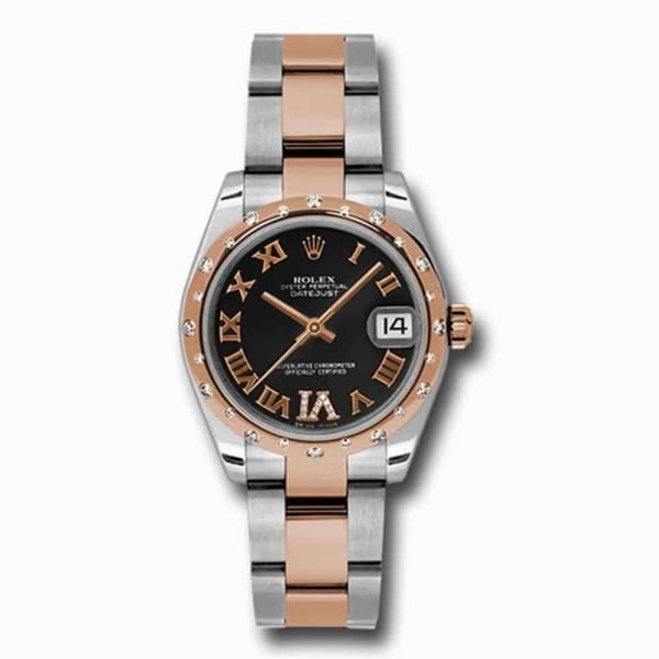 Rolex Datejust 31mm - Ref: 178341 bkdro - Black Roman Diamond Dial & Diamond Bezel, Two Tone Stainless Steel & 18K Rose Gold Oyster Bracelet Women's Watch
