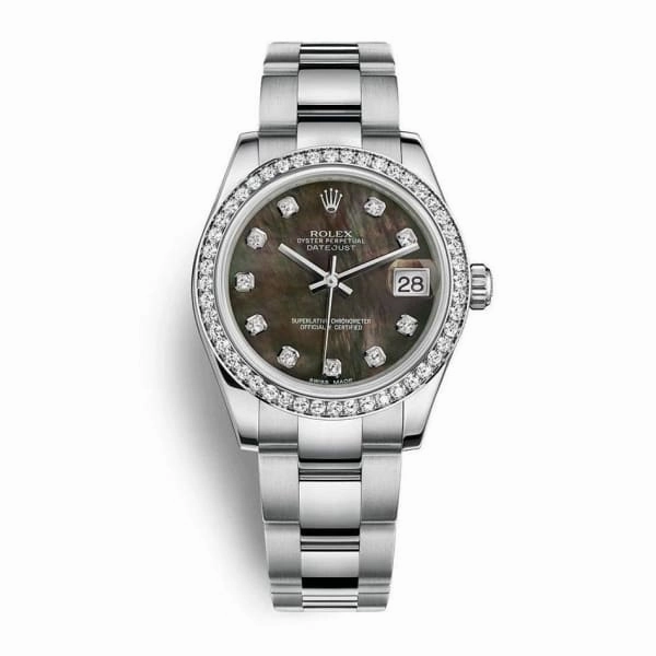 Rolex Datejust 31mm - Ref: 178384-0019 - Black Mother of Pearl Dial & Diamond Bezel, Stainless Steel Oyster Bracelet Women's Watch