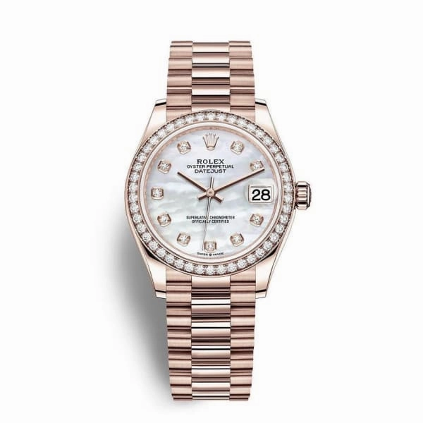 Rolex Datejust 31mm - Ref: 278285rbr-0005 - White Mother of Pearl Diamond Dial & Diamond Bezel, 18K Rose Gold President Bracelet Women's Watch
