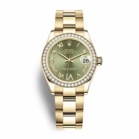Rolex Datejust 31mm - Ref: 278288rbr-0023 - Olive Green Roman Diamond Dial & Diamond Bezel, 18K Yellow Gold Oyster Bracelet Women's Watch