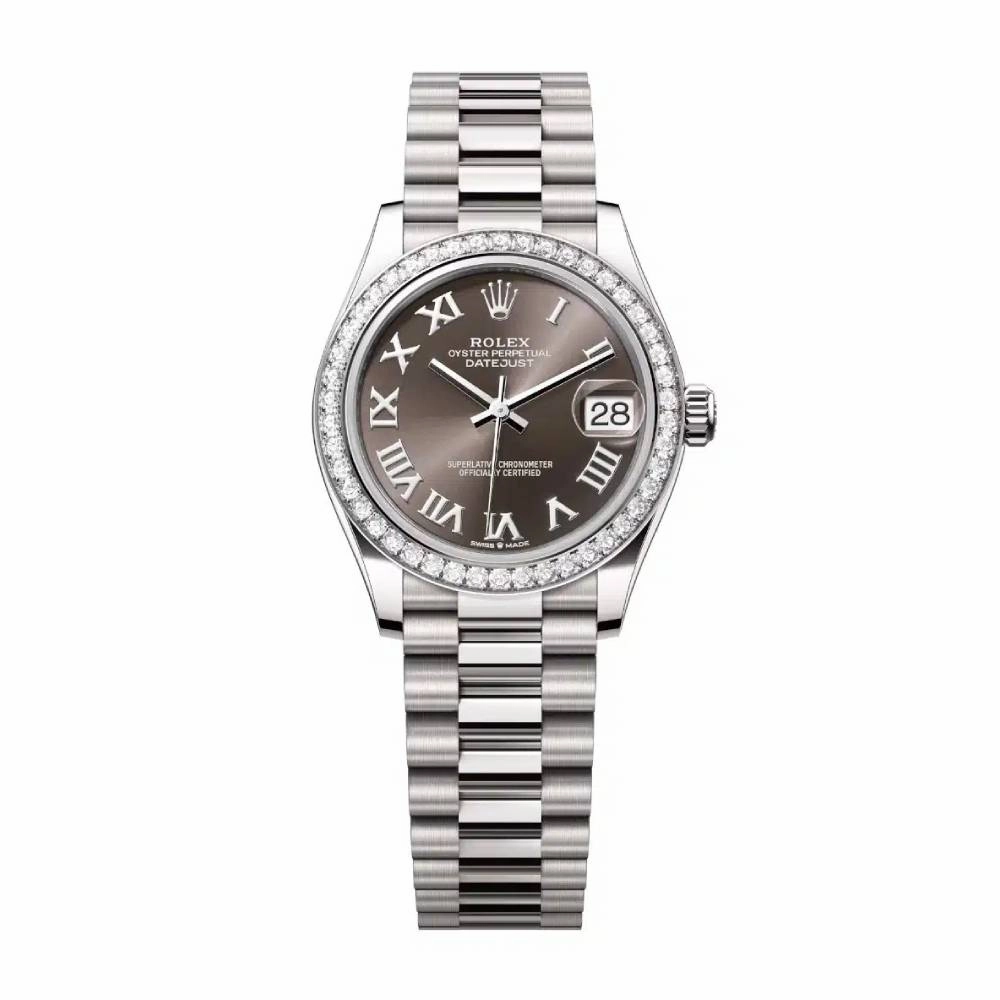 Rolex Datejust 31mm - Ref: 278289rbr-0017 - Dark Grey Roman Dial & Diamond Bezel, 18K White Gold President Bracelet Women's Watch