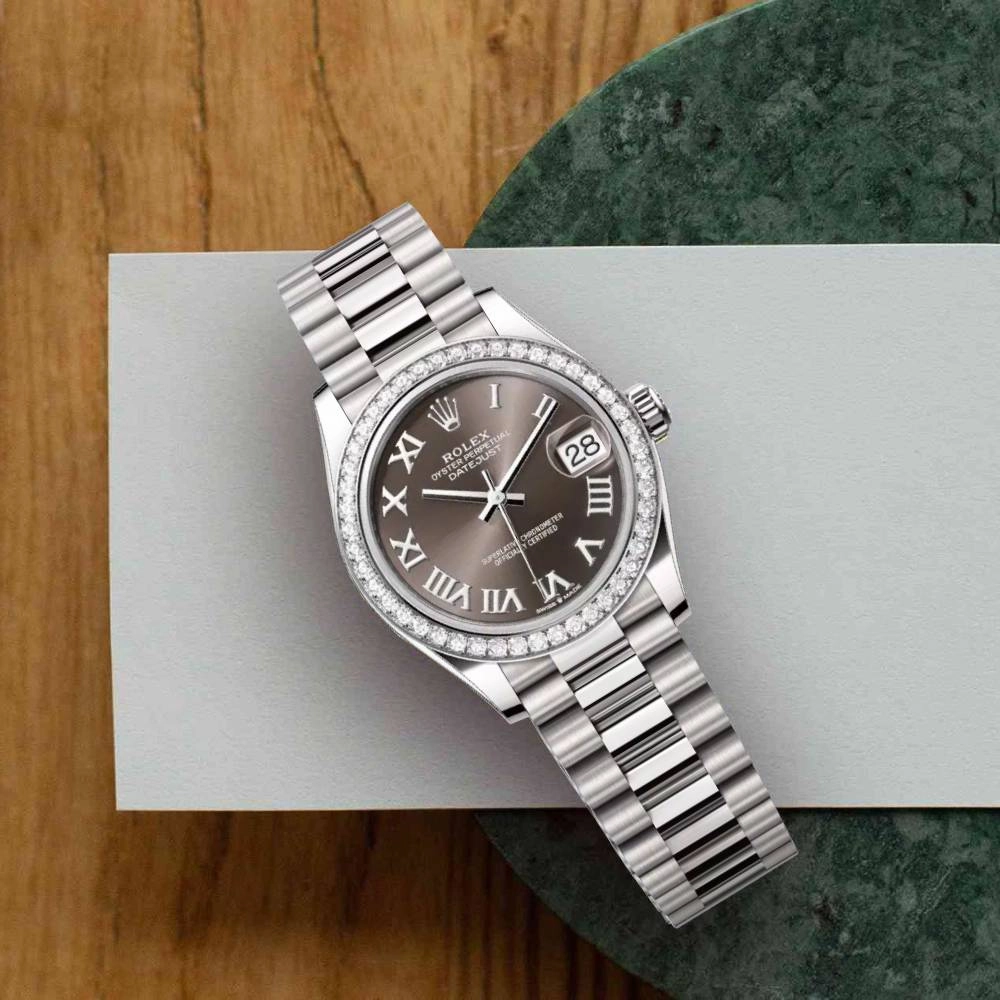 Rolex Datejust 31mm - Ref: 278289rbr-0017 - Dark Grey Roman Dial & Diamond Bezel, 18K White Gold President Bracelet Women's Watch