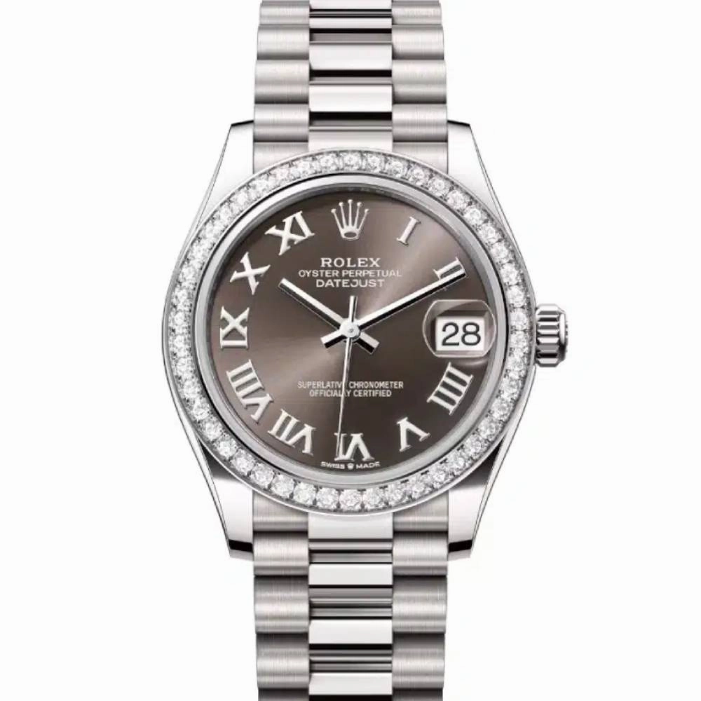 Rolex Datejust 31mm - Ref: 278289rbr-0017 - Dark Grey Roman Dial & Diamond Bezel, 18K White Gold President Bracelet Women's Watch