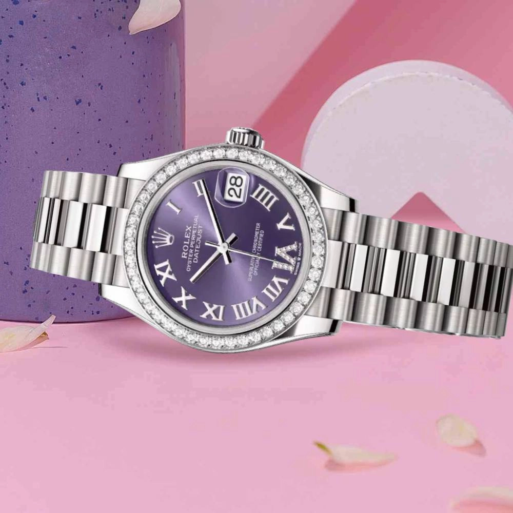 Rolex Datejust 31mm - Ref: 278289rbr-0019 - Aubergine Purple Roman Diamond Dial & Diamond Bezel, 18K White Gold President Bracelet Women's Watch
