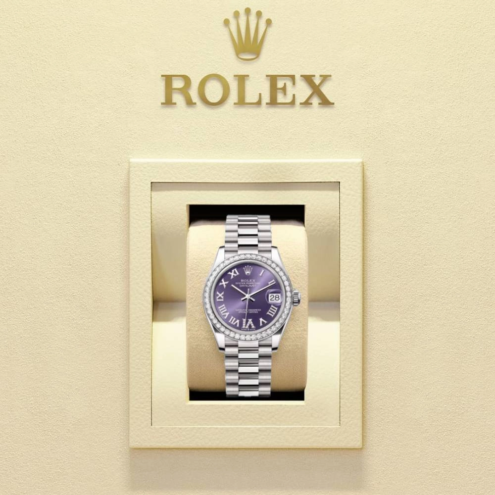 Rolex Datejust 31mm - Ref: 278289rbr-0019 - Aubergine Purple Roman Diamond Dial & Diamond Bezel, 18K White Gold President Bracelet Women's Watch