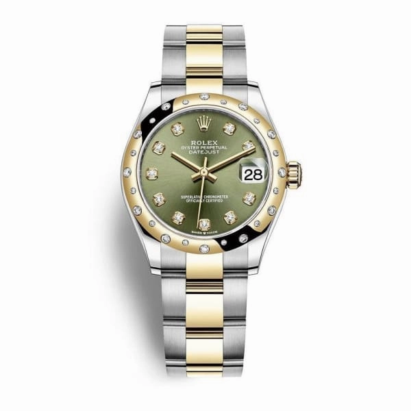Rolex Datejust 31mm - Ref: 278343rbr-0029 - Olive Green Diamond Dial & Diamond Bezel, Two Tone Stainless Steel & 18K Yellow Gold Oyster Bracelet Women's Watch