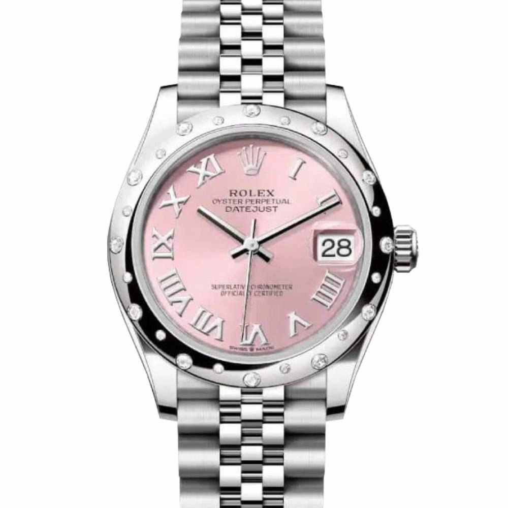 Rolex Datejust 31mm - Ref: 278344rbr-0022 - Pink Roman Dial & Diamond Bezel, Stainless Steel Jubilee Bracelet Women's Watch