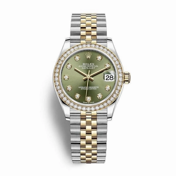 Rolex Datejust 31mm - Ref: 278383rbr-0030 - Olive Green Diamond Dial & Diamond Bezel, Two Tone Stainless Steel & 18K Yellow Gold Jubilee Bracelet Women's Watch