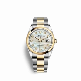 Rolex Datejust 36mm - Ref: 126203-0024 - White Mother of Pearl Diamond Dial, Two Tone Stainless Steel & 18K Yellow Gold Oyster Bracelet Watch