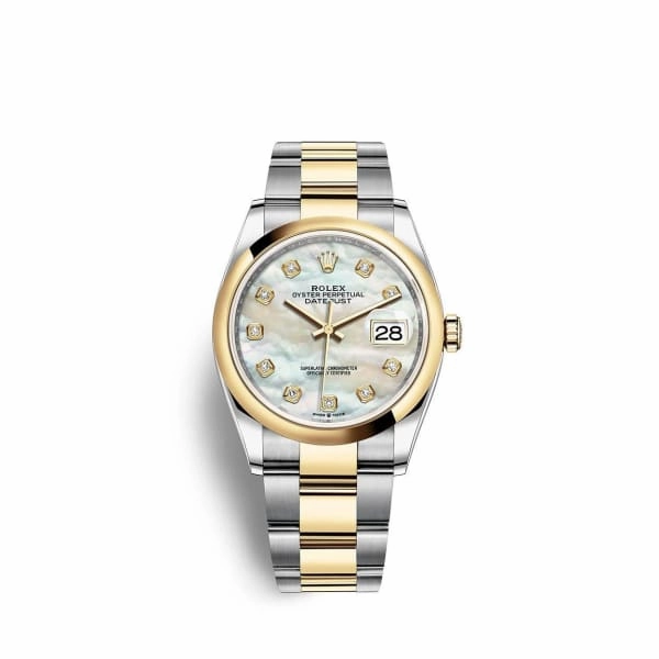 Rolex Datejust 36mm - Ref: 126203-0024 - White Mother of Pearl Diamond Dial, Two Tone Stainless Steel & 18K Yellow Gold Oyster Bracelet Watch