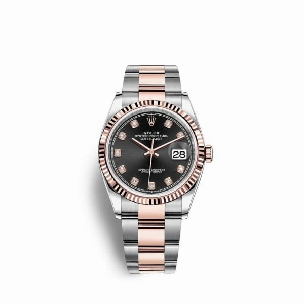 Rolex Datejust 36mm - Ref: 126231-0020 - Black Diamond Dial, Two Tone Stainless Steel & 18K Rose Gold Oyster Bracelet Watch